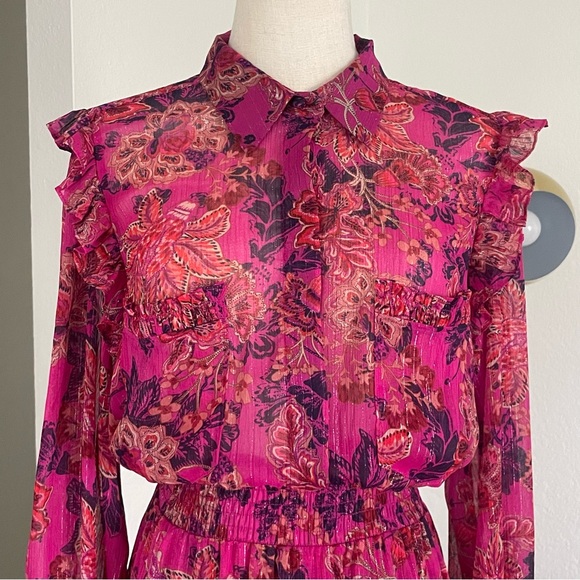 Misa Los Angeles Marian Floral Ruffle Metallic Tier Smocked Midi Dress - Picture 6 of 12